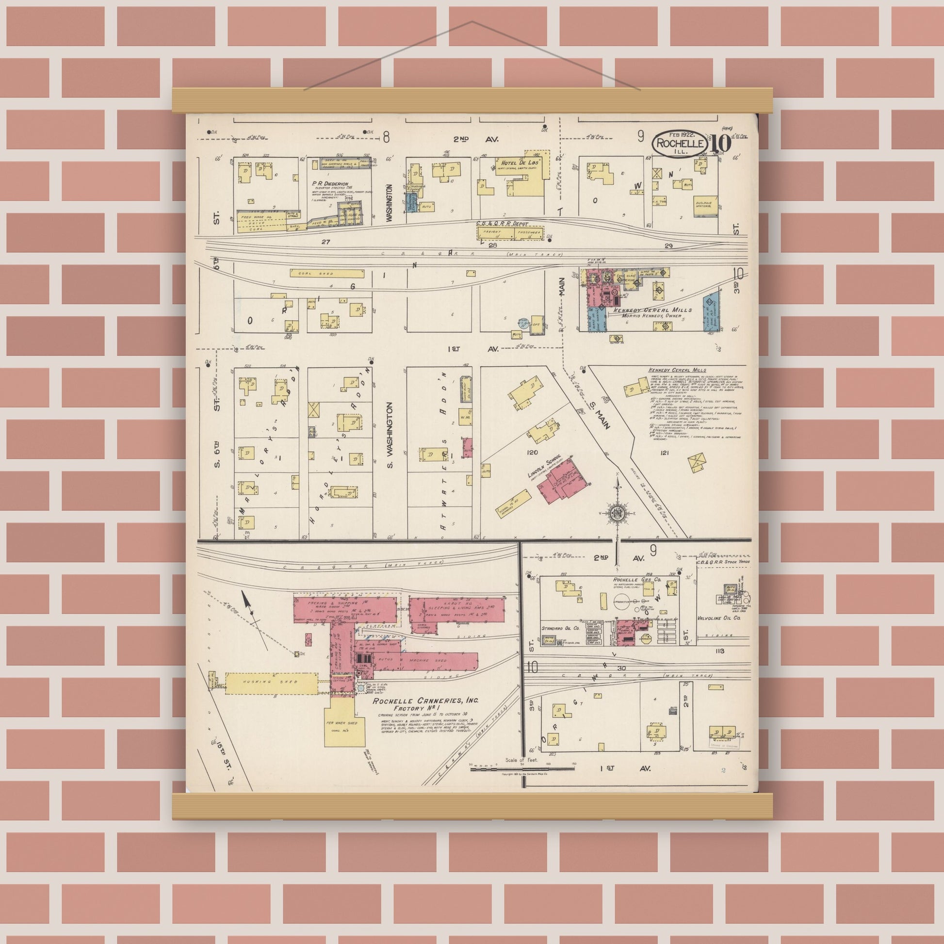 Old map wall art mockup — magnetic wood frame on brick wall — Sanborn Fire Insurance Map from Rochelle, Ogle County, Illinois (1922), Sheet #0010