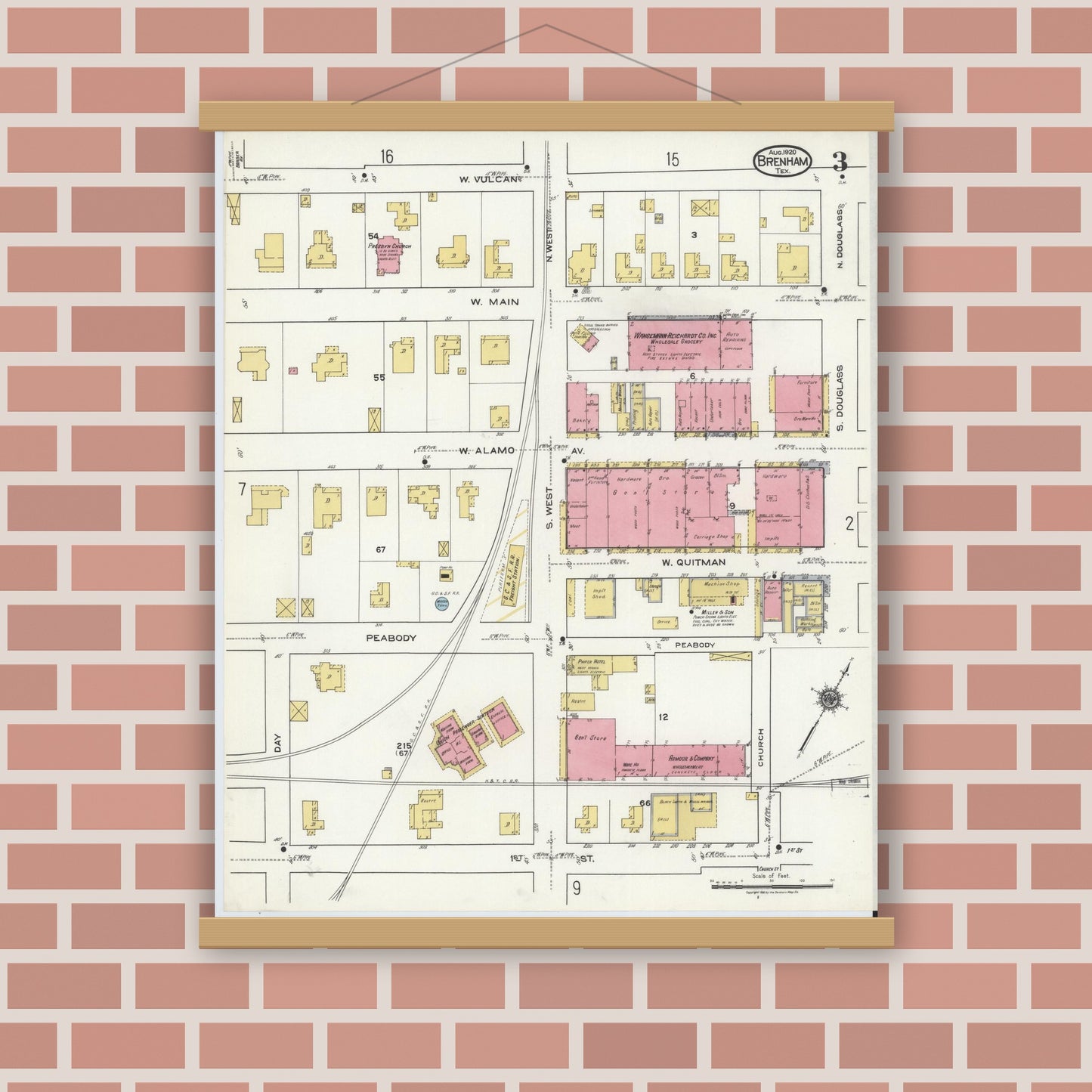 Old map wall art mockup — magnetic wood frame on brick wall — Sanborn Fire Insurance Map from Brenham, Washington County, Texas (1920), Sheet #0003
