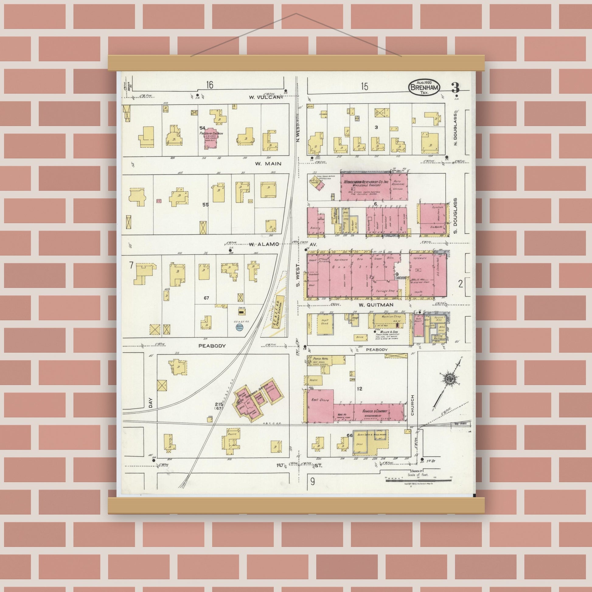 Old map wall art mockup — magnetic wood frame on brick wall — Sanborn Fire Insurance Map from Brenham, Washington County, Texas (1920), Sheet #0003