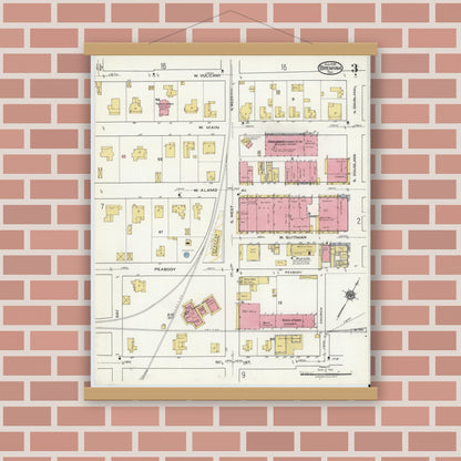 Old map wall art mockup — magnetic wood frame on brick wall — Sanborn Fire Insurance Map from Brenham, Washington County, Texas (1920), Sheet #0003