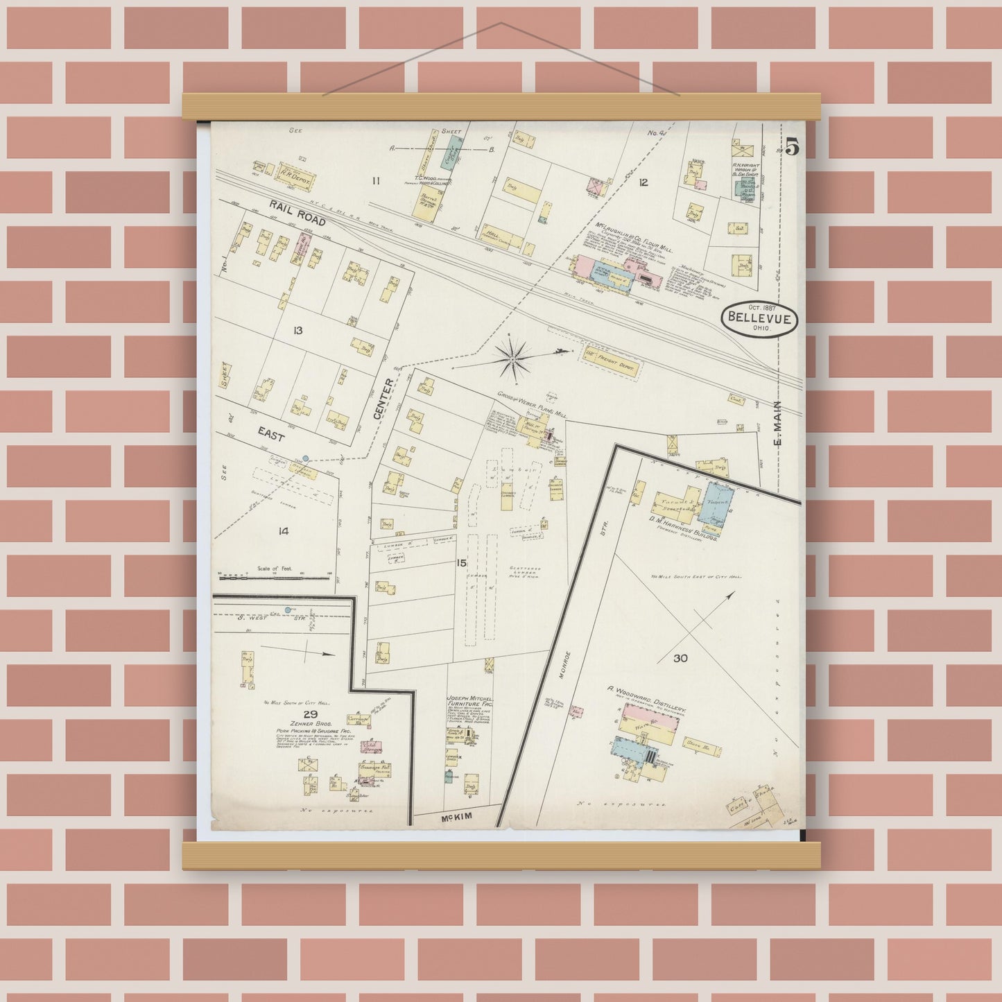 Old map wall art mockup — magnetic wood frame on brick wall — Sanborn Fire Insurance Map from Bellevue, Huron And Sandusky County, Ohio (1887), Sheet #0005