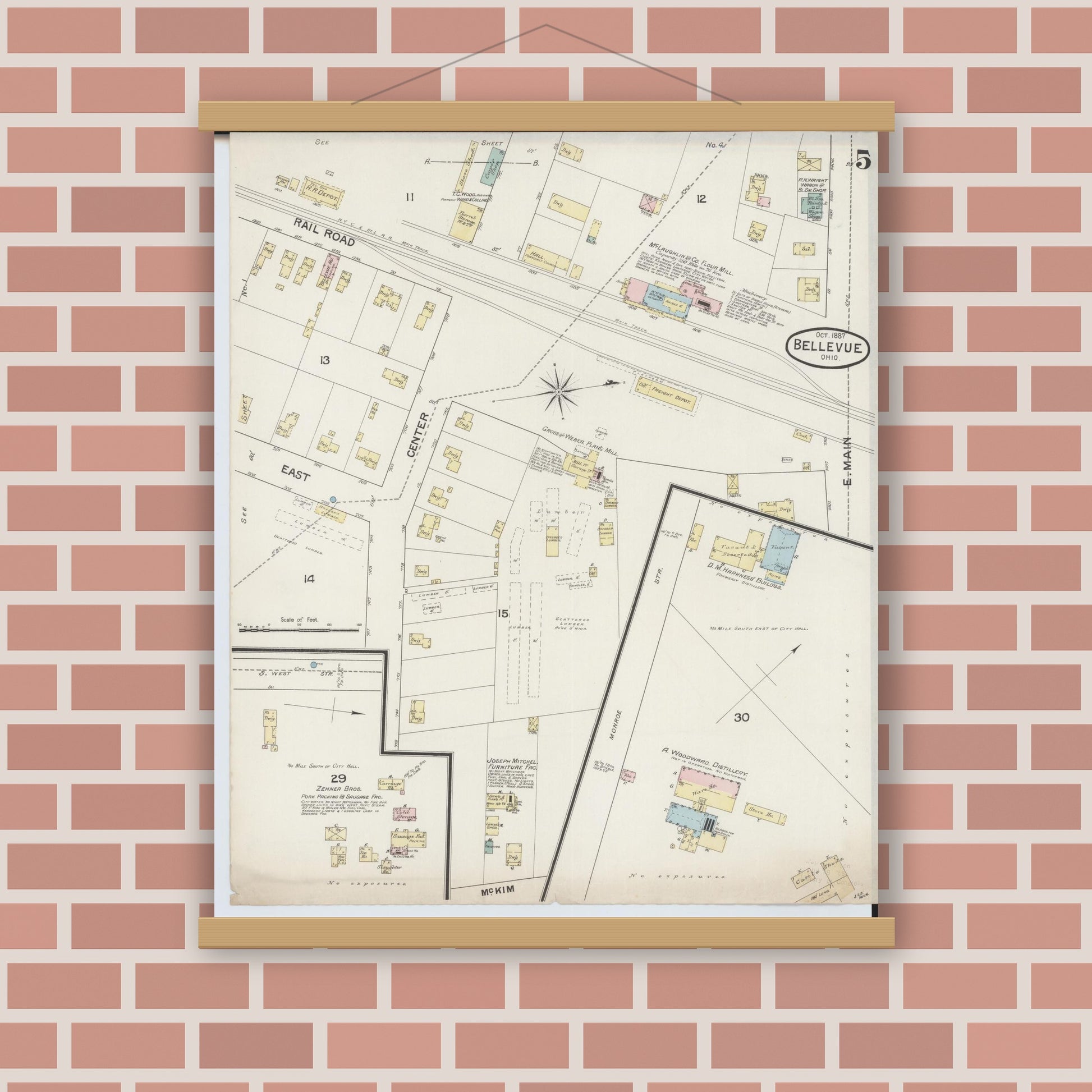 Old map wall art mockup — magnetic wood frame on brick wall — Sanborn Fire Insurance Map from Bellevue, Huron And Sandusky County, Ohio (1887), Sheet #0005
