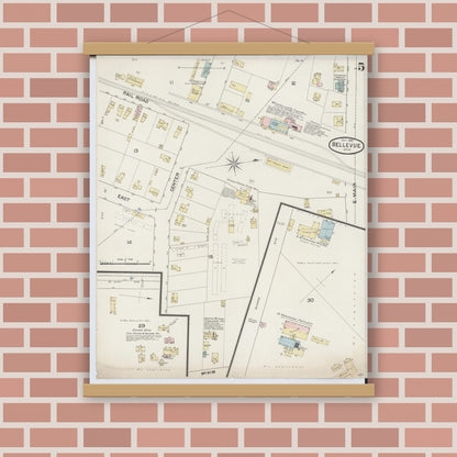 Old map wall art mockup — magnetic wood frame on brick wall — Sanborn Fire Insurance Map from Bellevue, Huron And Sandusky County, Ohio (1887), Sheet #0005