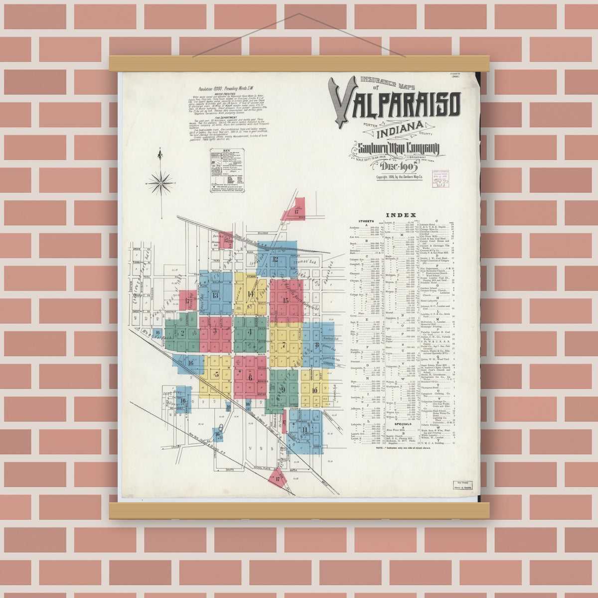 Old map wall art mockup — magnetic wood frame on brick wall — Sanborn Fire Insurance Map from Valparaiso, Porter County, Indiana (1905) - Complete Map Set