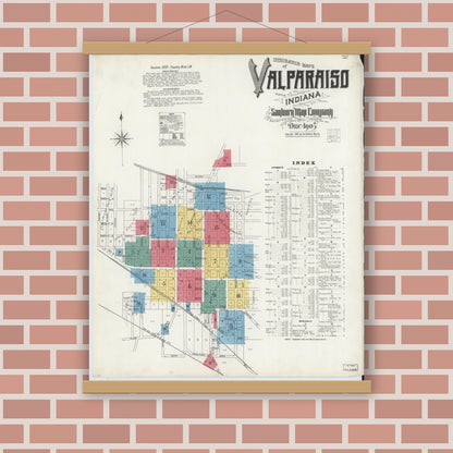 Old map wall art mockup — magnetic wood frame on brick wall — Sanborn Fire Insurance Map from Valparaiso, Porter County, Indiana (1905) - Complete Map Set