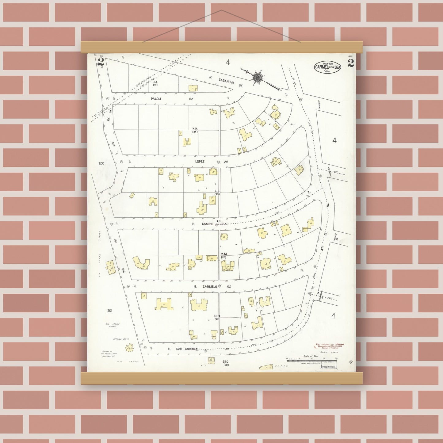 Old map wall art mockup — magnetic wood frame on brick wall — Sanborn Fire Insurance Map from Carmel By The Sea, Monterey County, California (1924), Sheet #0002