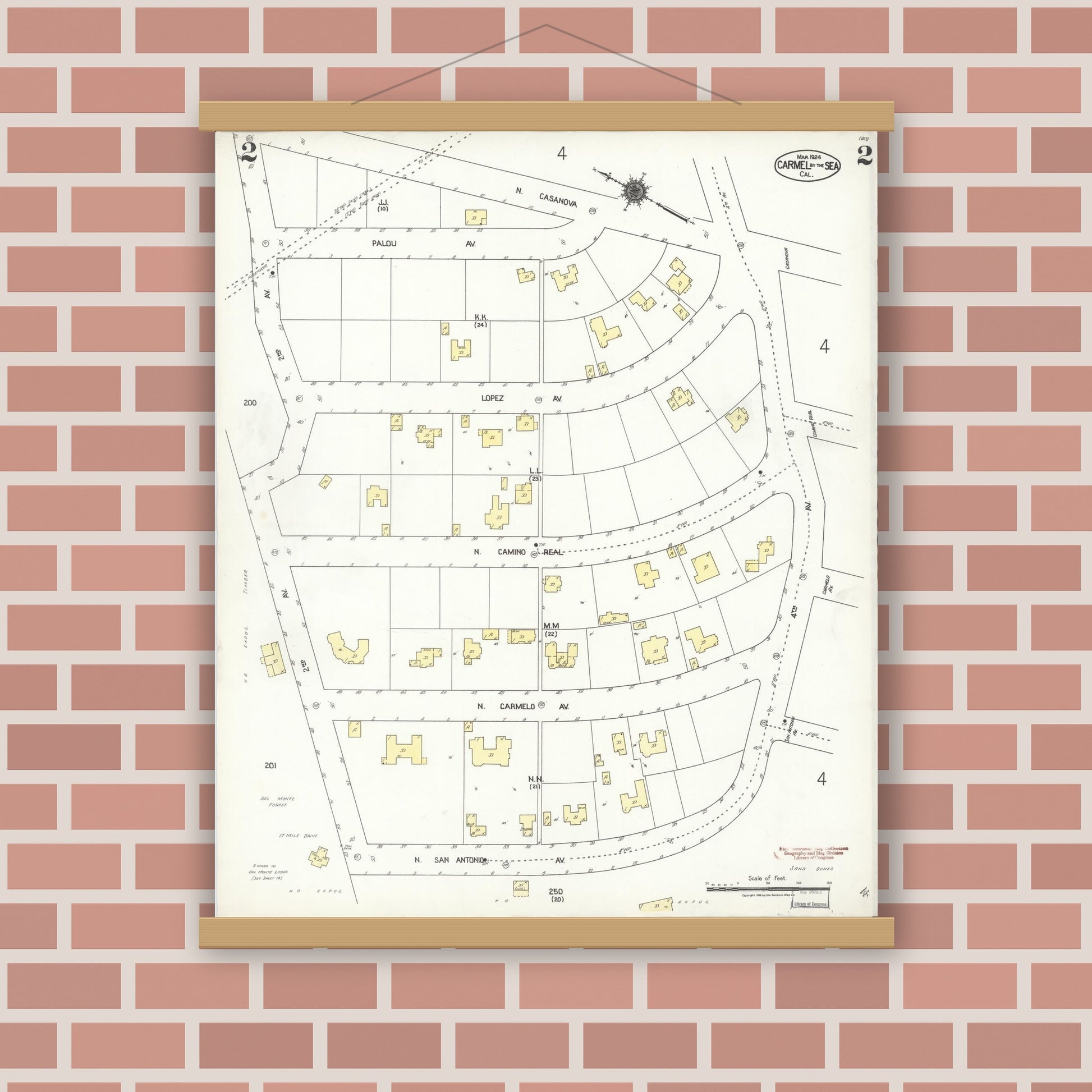 Old map wall art mockup — magnetic wood frame on brick wall — Sanborn Fire Insurance Map from Carmel By The Sea, Monterey County, California (1924), Sheet #0002