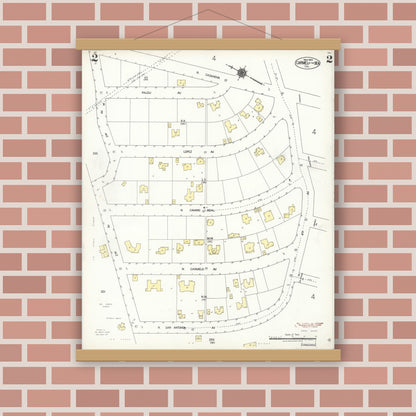 Old map wall art mockup — magnetic wood frame on brick wall — Sanborn Fire Insurance Map from Carmel By The Sea, Monterey County, California (1924), Sheet #0002