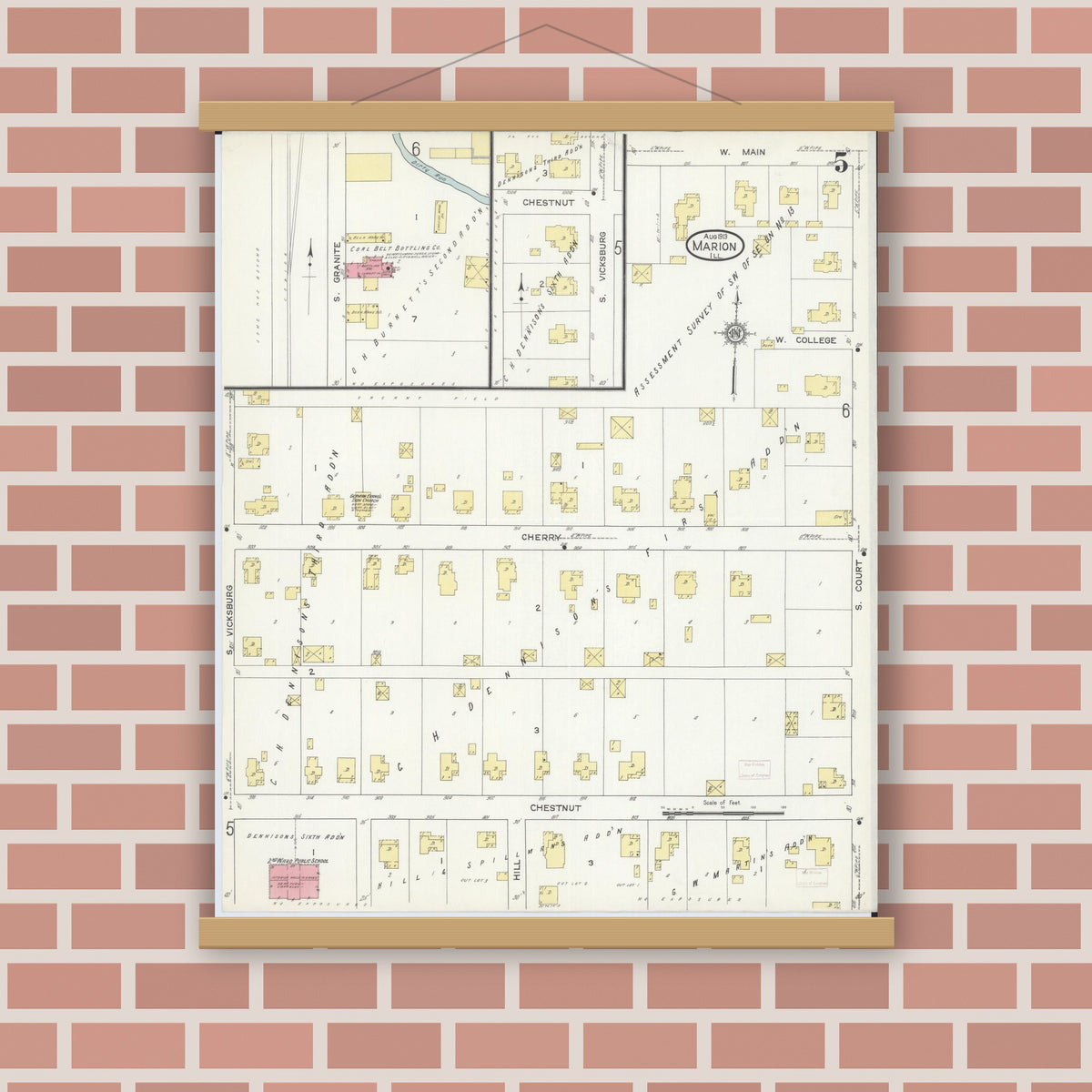 Old map wall art mockup — magnetic wood frame on brick wall — Sanborn Fire Insurance Map from Marion, Williamson County, Illinois (1913), Sheet #0005