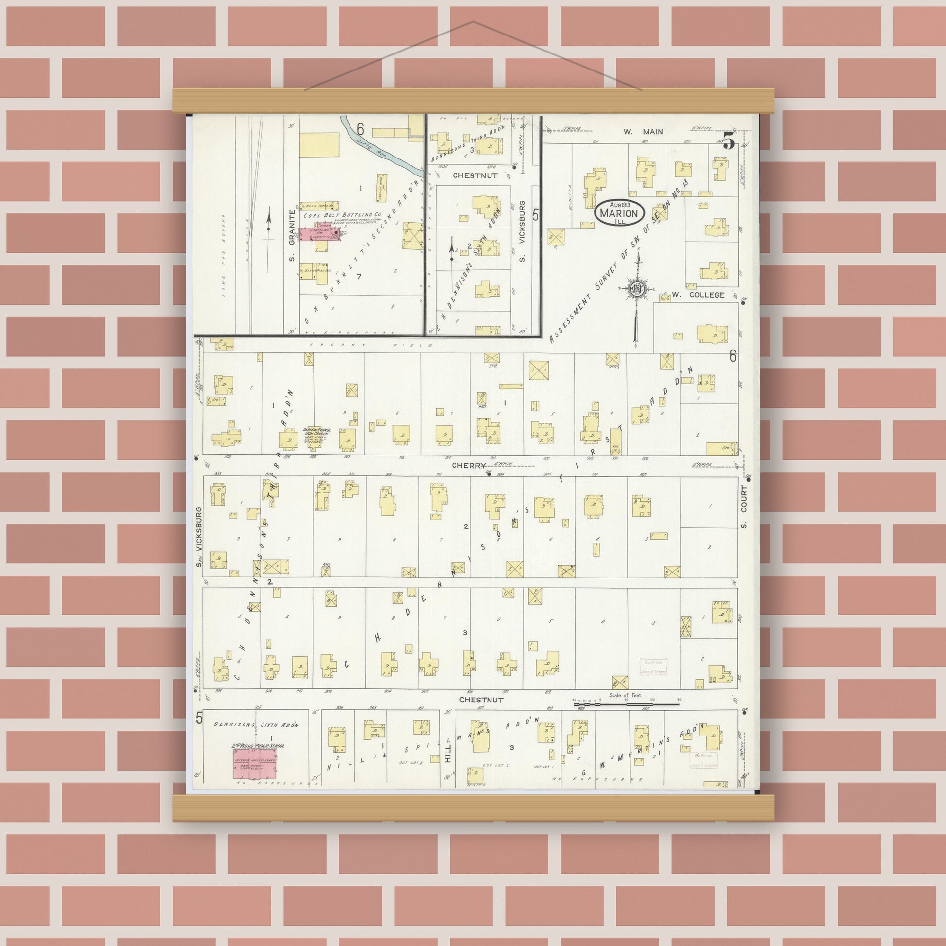 Old map wall art mockup — magnetic wood frame on brick wall — Sanborn Fire Insurance Map from Marion, Williamson County, Illinois (1913), Sheet #0005