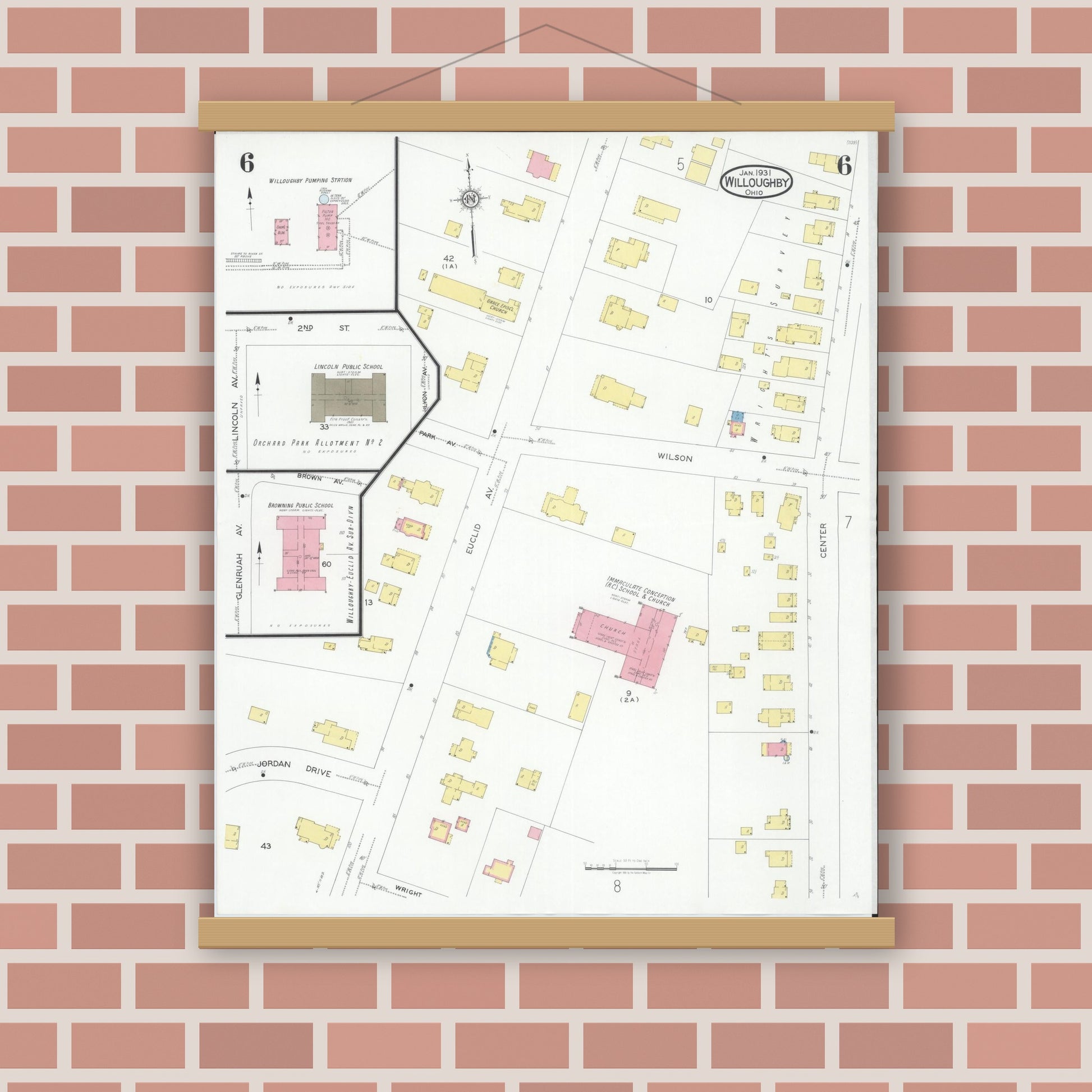 Old map wall art mockup — magnetic wood frame on brick wall — Sanborn Fire Insurance Map from Willoughby, Lake County, Ohio (1931), Sheet #0006