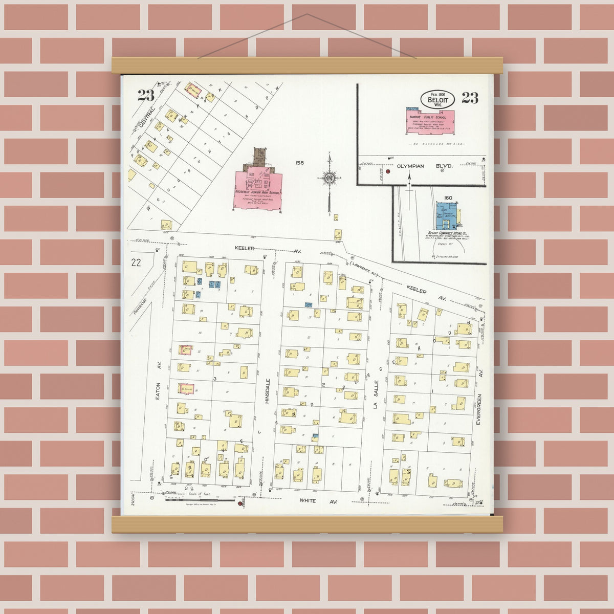 Old map wall art mockup — magnetic wood frame on brick wall — Sanborn Fire Insurance Map from Beloit, Rock County, Wisconsin (1926), Sheet #0023