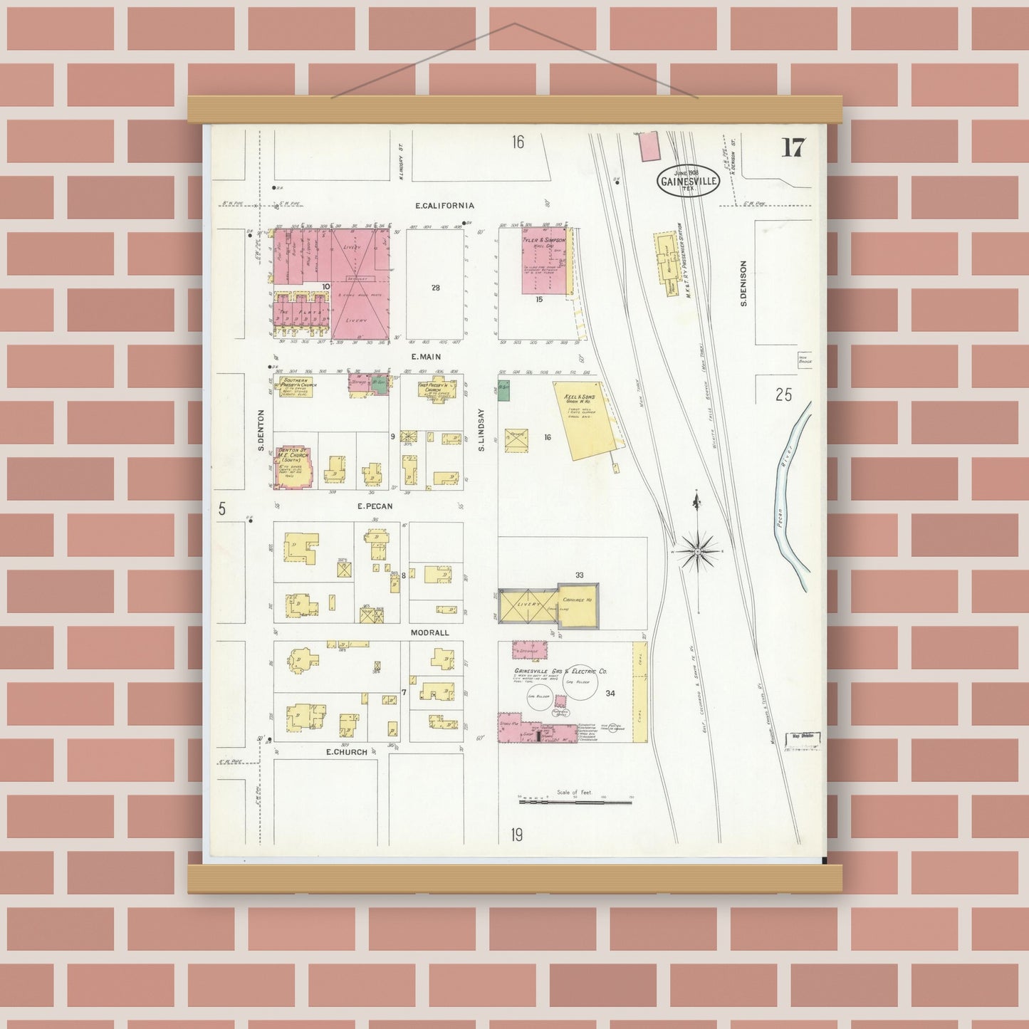Old map wall art mockup — magnetic wood frame on brick wall — Sanborn Fire Insurance Map from Gainesville, Cooke County, Texas (1908), Sheet #0017