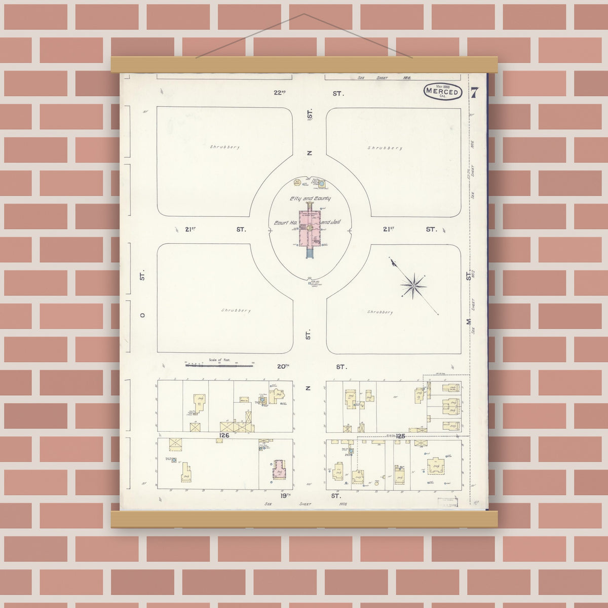 Old map wall art mockup — magnetic wood frame on brick wall — Sanborn Fire Insurance Map from Merced, Merced County, California (1888), Sheet #0007