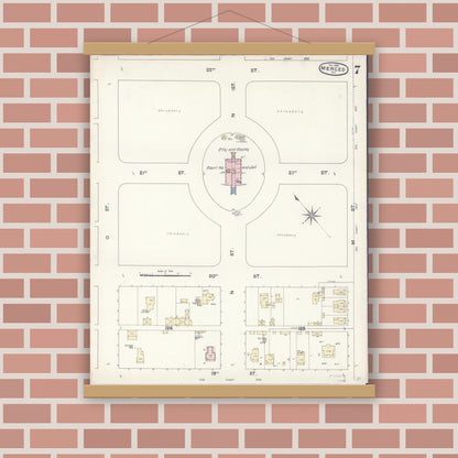 Old map wall art mockup — magnetic wood frame on brick wall — Sanborn Fire Insurance Map from Merced, Merced County, California (1888), Sheet #0007