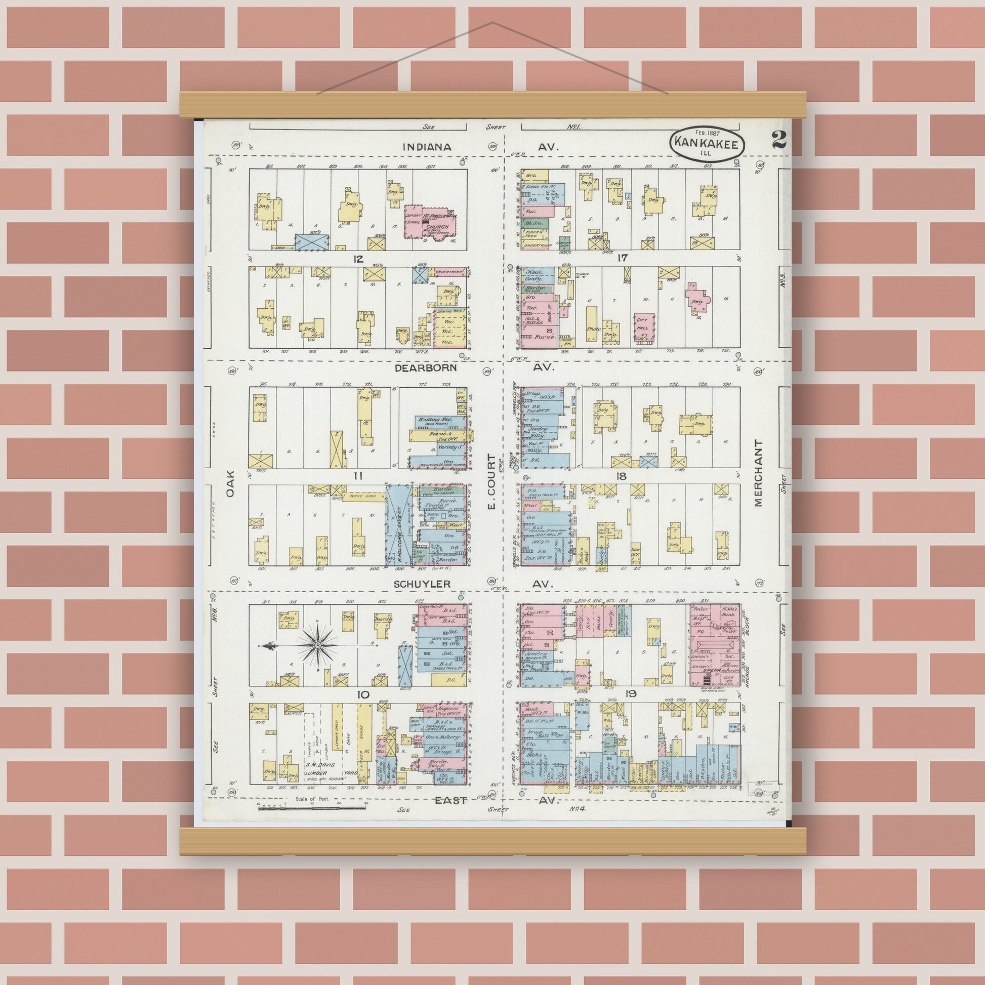Old map wall art mockup — magnetic wood frame on brick wall — Sanborn Fire Insurance Map from Kankakee, Kankakee County, Illinois (1887), Sheet #0002