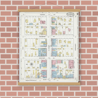 Old map wall art mockup — magnetic wood frame on brick wall — Sanborn Fire Insurance Map from Kankakee, Kankakee County, Illinois (1887), Sheet #0002