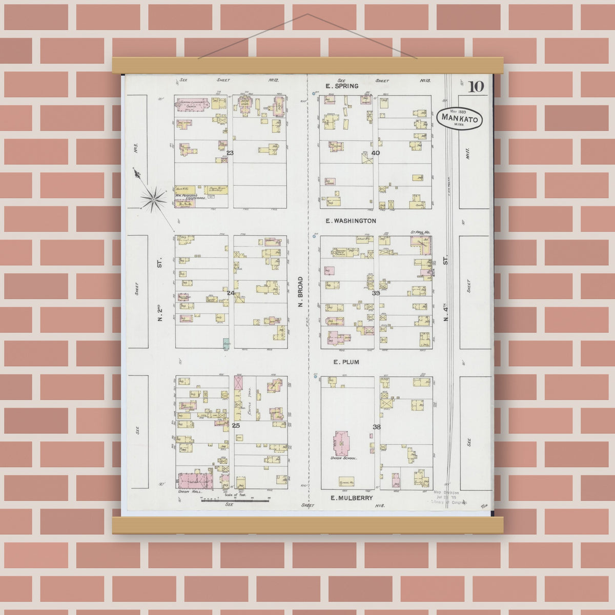 Old map wall art mockup — magnetic wood frame on brick wall — Sanborn Fire Insurance Map from Mankato, Blue Earth County, Minnesota (1889), Sheet #0010