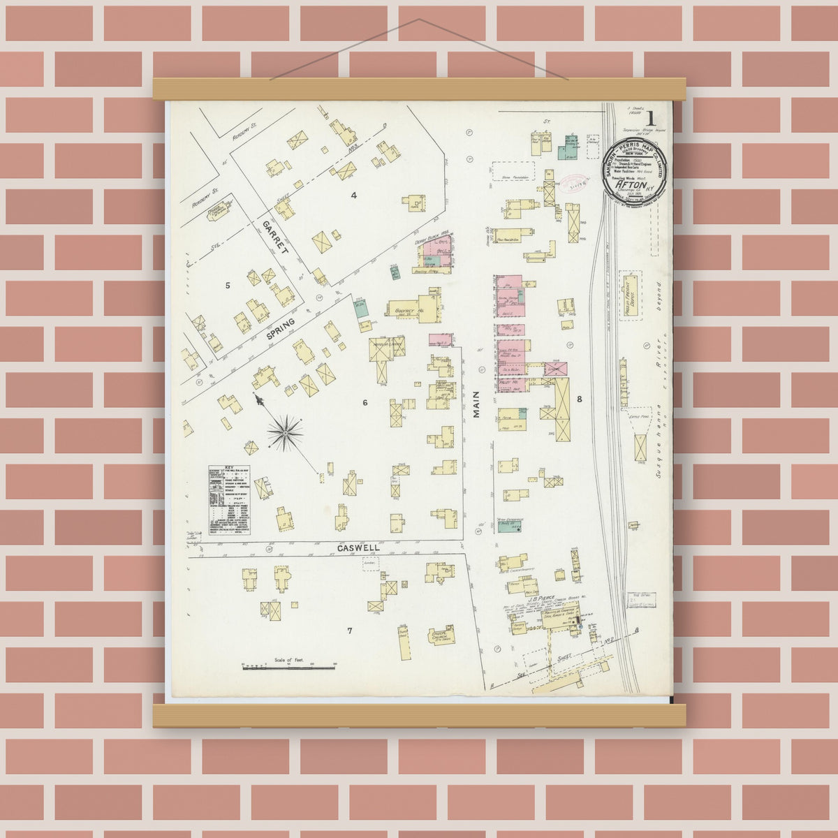 Old map wall art mockup — magnetic wood frame on brick wall — Sanborn Fire Insurance Map from Afton, Chenango County, New York (1891) - Complete Map Set