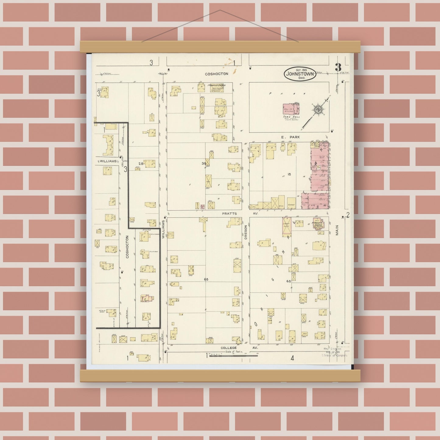 Old map wall art mockup — magnetic wood frame on brick wall — Sanborn Fire Insurance Map from Johnstown, Licking County, Ohio (1913), Sheet #0003