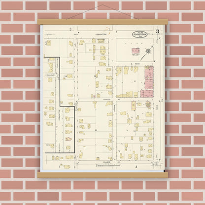 Old map wall art mockup — magnetic wood frame on brick wall — Sanborn Fire Insurance Map from Johnstown, Licking County, Ohio (1913), Sheet #0003