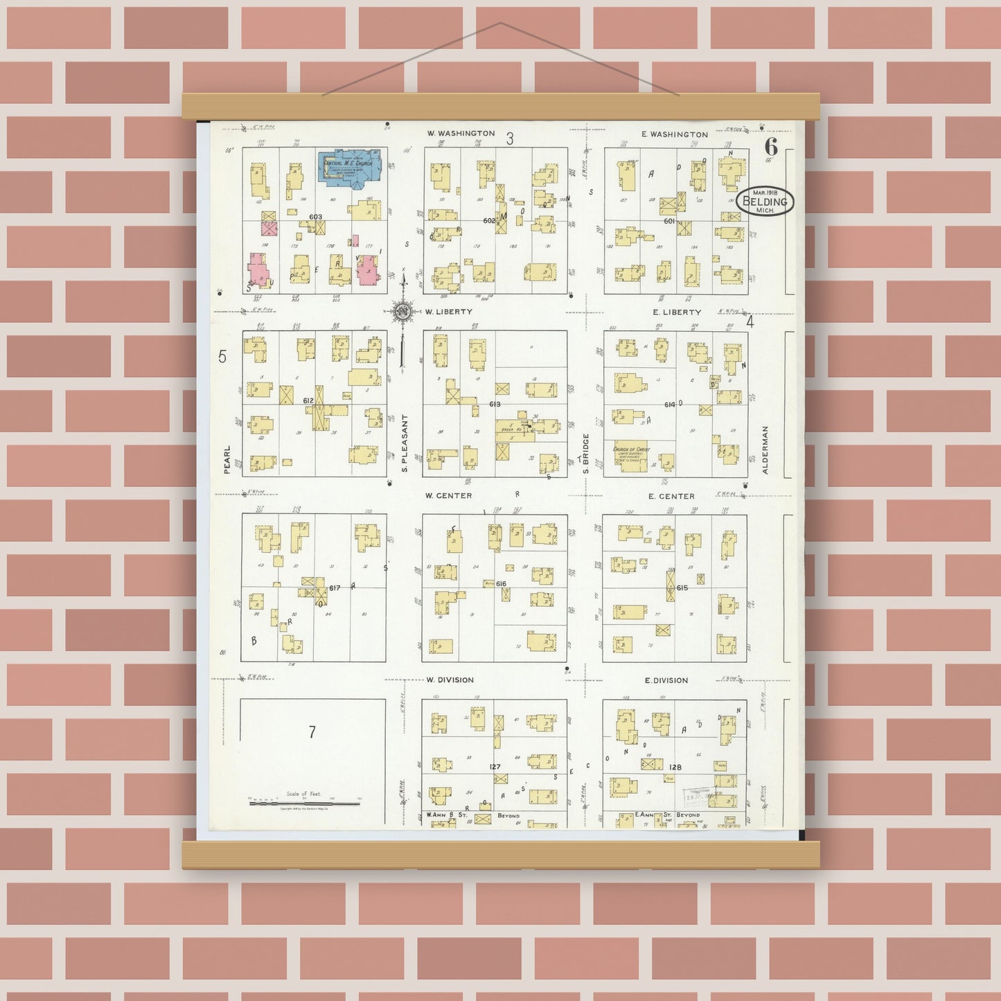Old map wall art mockup — magnetic wood frame on brick wall — Sanborn Fire Insurance Map from Belding, Ionia County, Michigan (1918), Sheet #0006