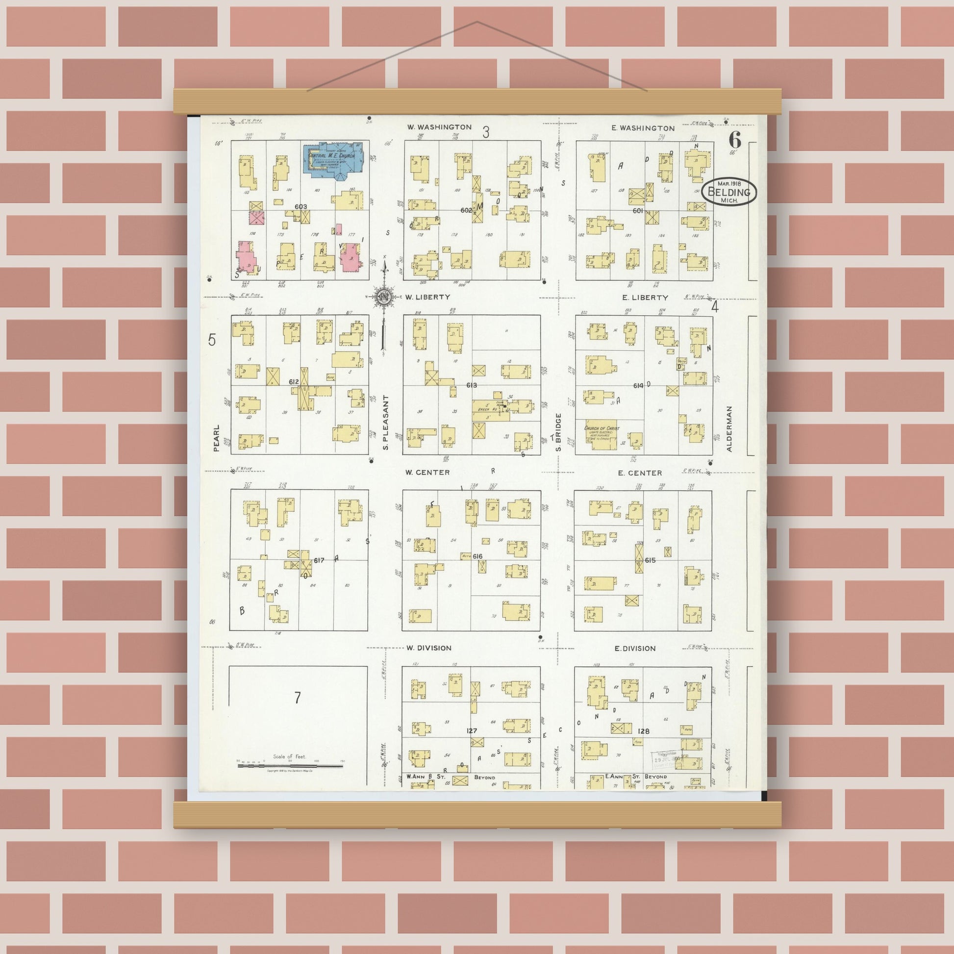 Old map wall art mockup — magnetic wood frame on brick wall — Sanborn Fire Insurance Map from Belding, Ionia County, Michigan (1918), Sheet #0006
