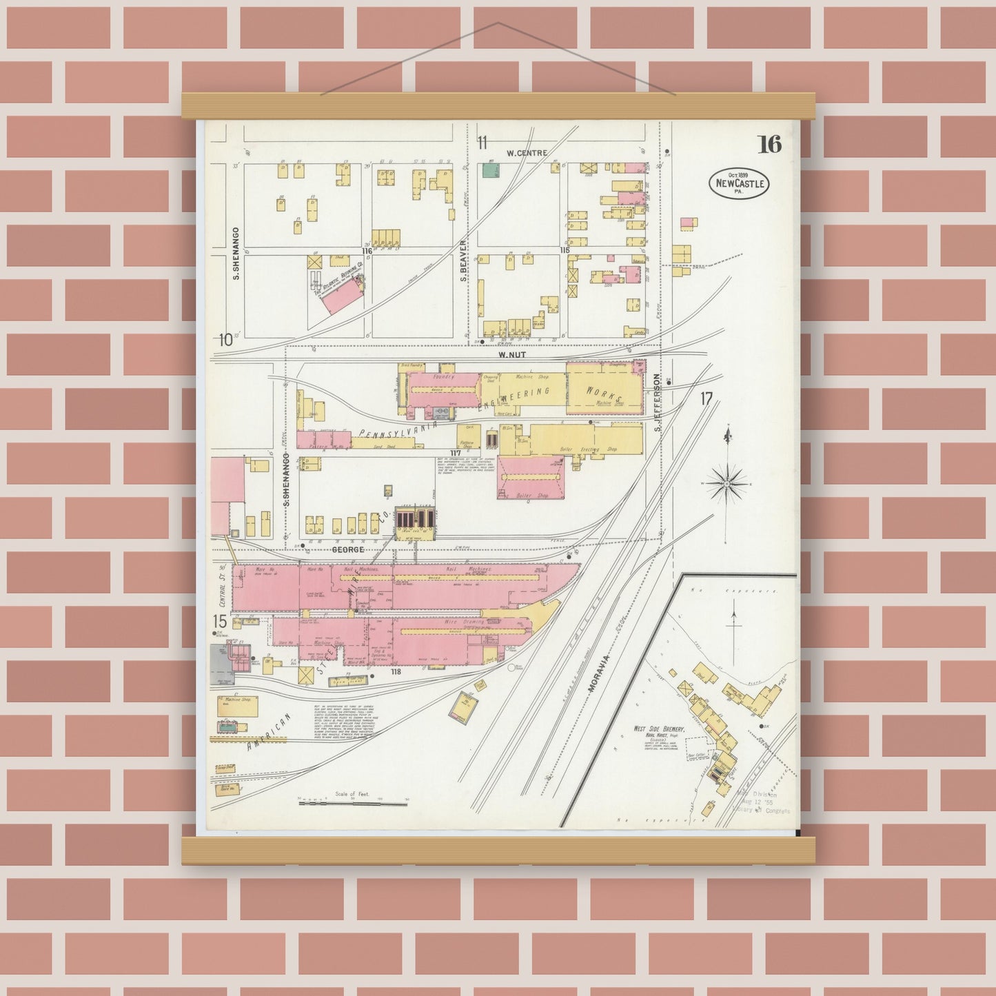 Old map wall art mockup — magnetic wood frame on brick wall — Sanborn Fire Insurance Map from New Castle, Lawrence County, Pennsylvania (1899), Sheet #0016