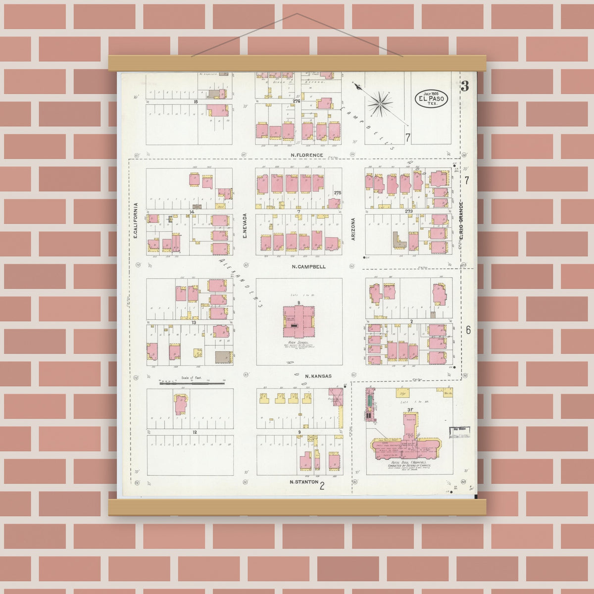 Old map wall art mockup — magnetic wood frame on brick wall — Sanborn Fire Insurance Map from El Paso, El Paso County, Texas (1905), Sheet #0003