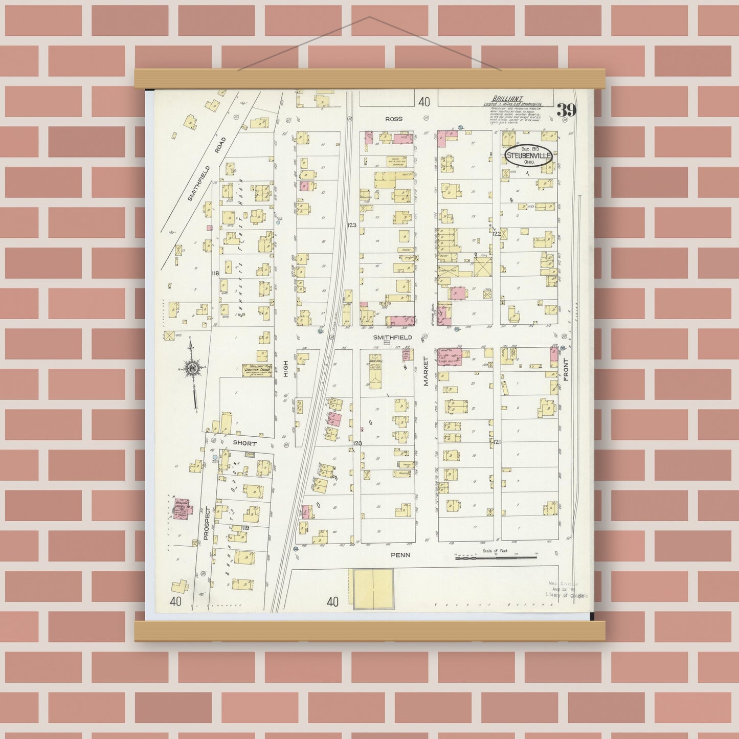 Old map wall art mockup — magnetic wood frame on brick wall — Sanborn Fire Insurance Map from Steubenville, Jefferson County, Ohio (1913), Sheet #0039