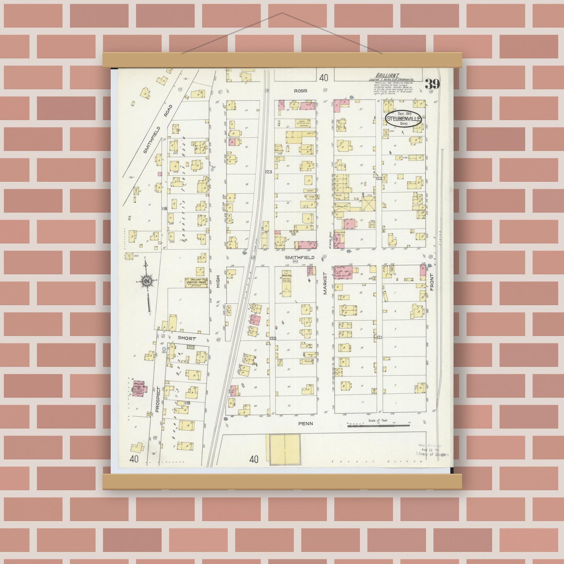 Old map wall art mockup — magnetic wood frame on brick wall — Sanborn Fire Insurance Map from Steubenville, Jefferson County, Ohio (1913), Sheet #0039