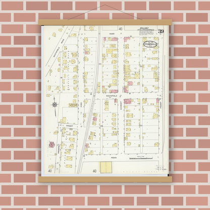 Old map wall art mockup — magnetic wood frame on brick wall — Sanborn Fire Insurance Map from Steubenville, Jefferson County, Ohio (1913), Sheet #0039