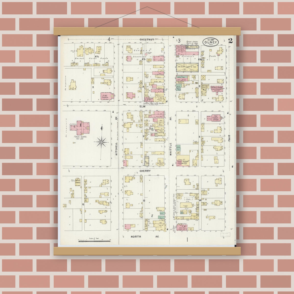 Old map wall art mockup — magnetic wood frame on brick wall — Sanborn Fire Insurance Map from Olney, Richland County, Illinois (1897), Sheet #0002