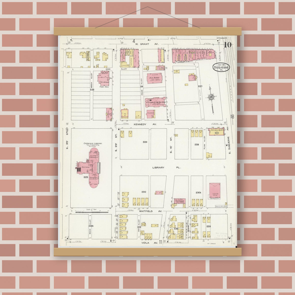 Old map wall art mockup — magnetic wood frame on brick wall — Sanborn Fire Insurance Map from Duquesne, Allegheny County, Pennsylvania (1911), Sheet #0010