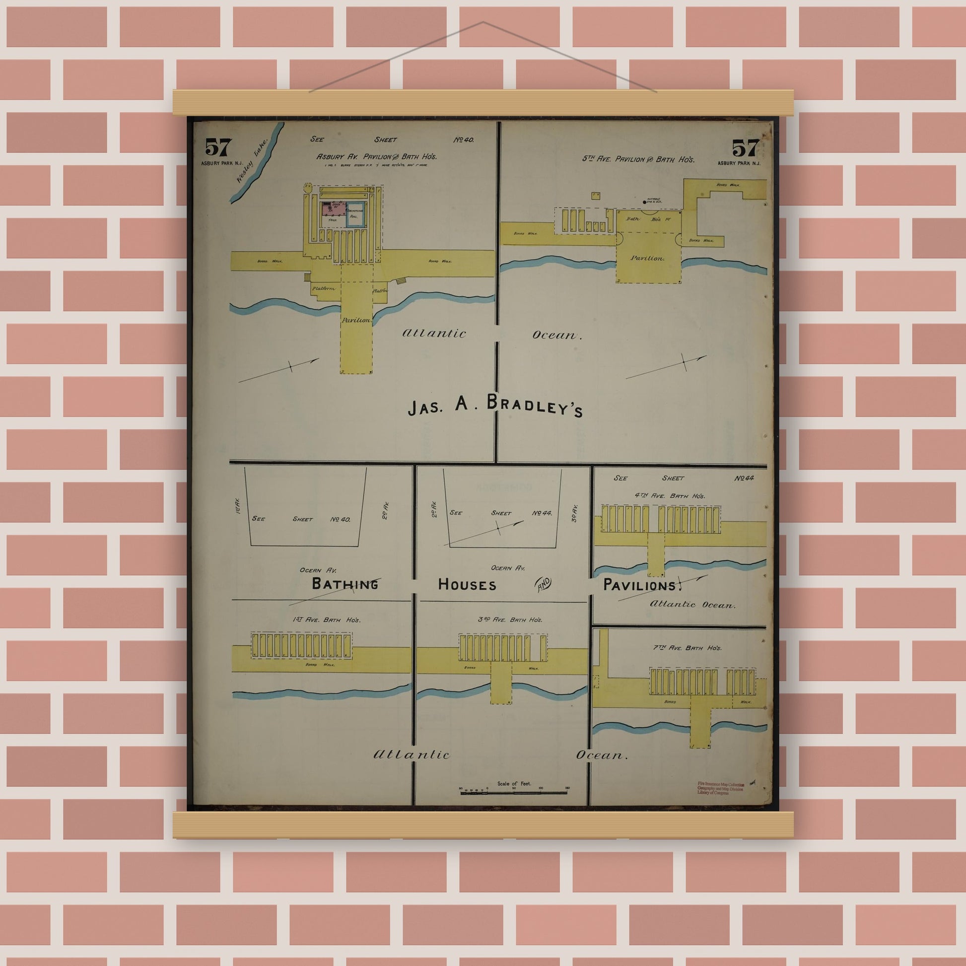 Old map wall art mockup — magnetic wood frame on brick wall — Sanborn Fire Insurance Map from New Jersey Coast, New Jersey Coast, New Jersey (1890), Sheet #0057