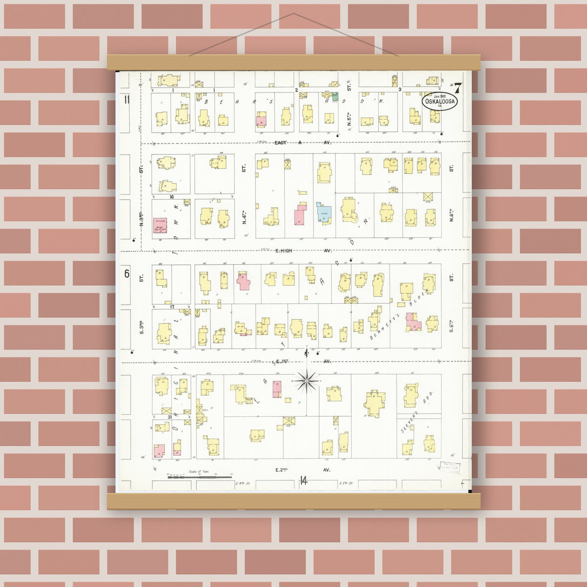 Old map wall art mockup — magnetic wood frame on brick wall — Sanborn Fire Insurance Map from Oskaloosa, Mahaska County, Iowa (1902), Sheet #0007