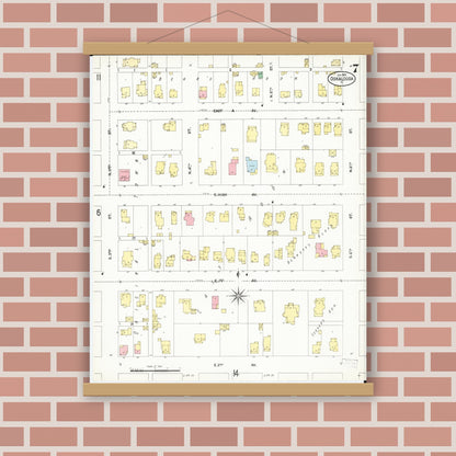 Old map wall art mockup — magnetic wood frame on brick wall — Sanborn Fire Insurance Map from Oskaloosa, Mahaska County, Iowa (1902), Sheet #0007