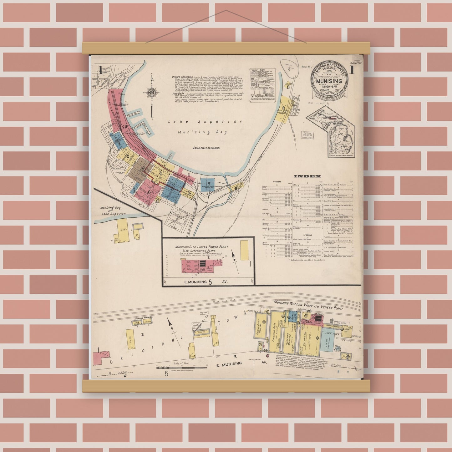 Old map wall art mockup — magnetic wood frame on brick wall — Sanborn Fire Insurance Map from Munising, Alger County, Michigan (1923) - Complete Map Set