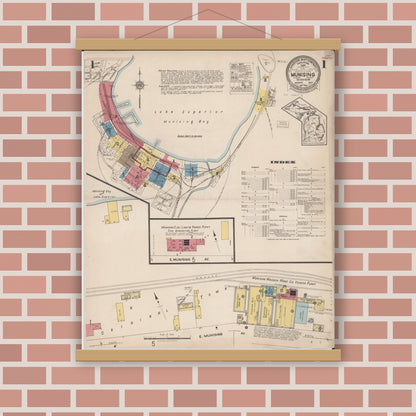 Old map wall art mockup — magnetic wood frame on brick wall — Sanborn Fire Insurance Map from Munising, Alger County, Michigan (1923) - Complete Map Set