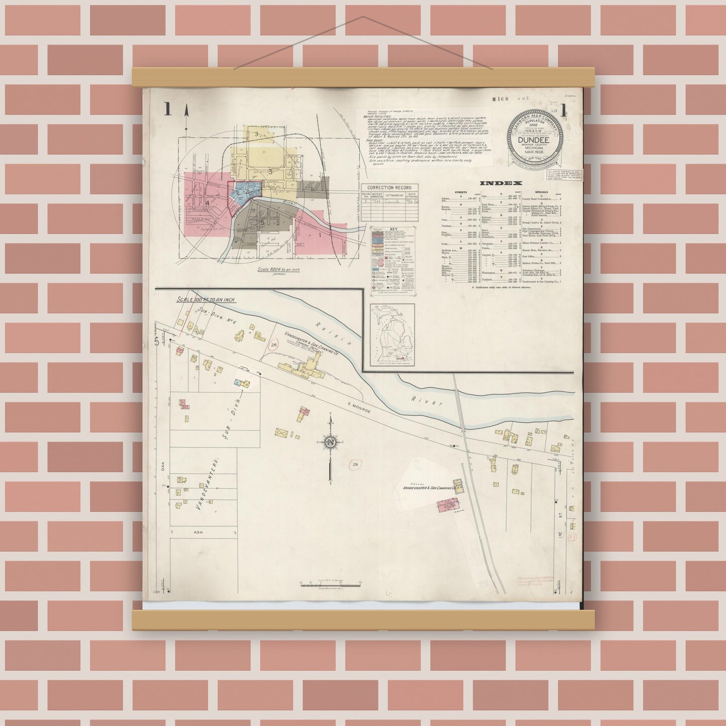 Old map wall art mockup — magnetic wood frame on brick wall — Sanborn Fire Insurance Map from Dundee, Monroe County, Michigan (1949) - Complete Map Set
