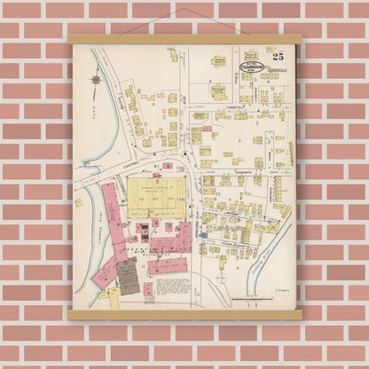 Old map wall art mockup — magnetic wood frame on brick wall — Sanborn Fire Insurance Map from Framingham, Middlesex County, Massachusetts (1922), Sheet #0025