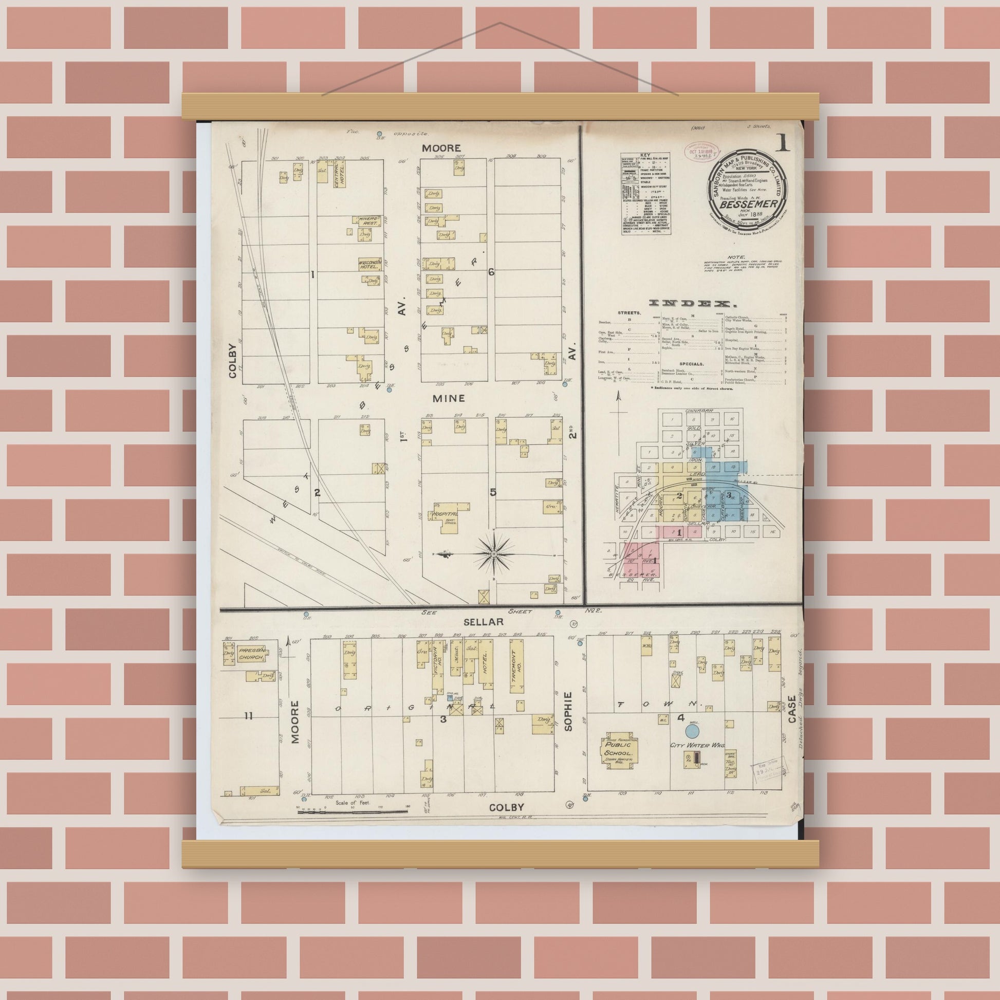 Old map wall art mockup — magnetic wood frame on brick wall — Sanborn Fire Insurance Map from Bessemer, Gogebic County, Michigan (1888), Sheet #0001