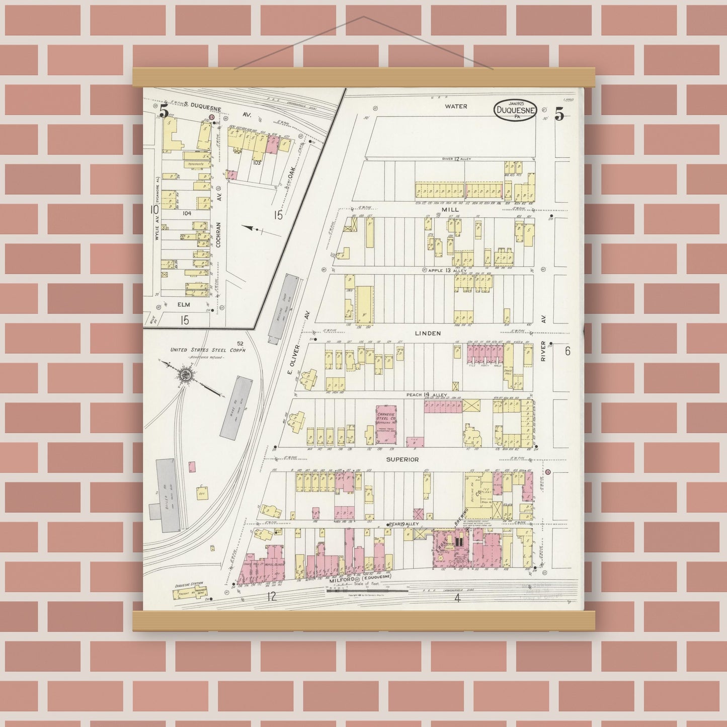Old map wall art mockup — magnetic wood frame on brick wall — Sanborn Fire Insurance Map from Duquesne, Allegheny County, Pennsylvania (1925), Sheet #0005