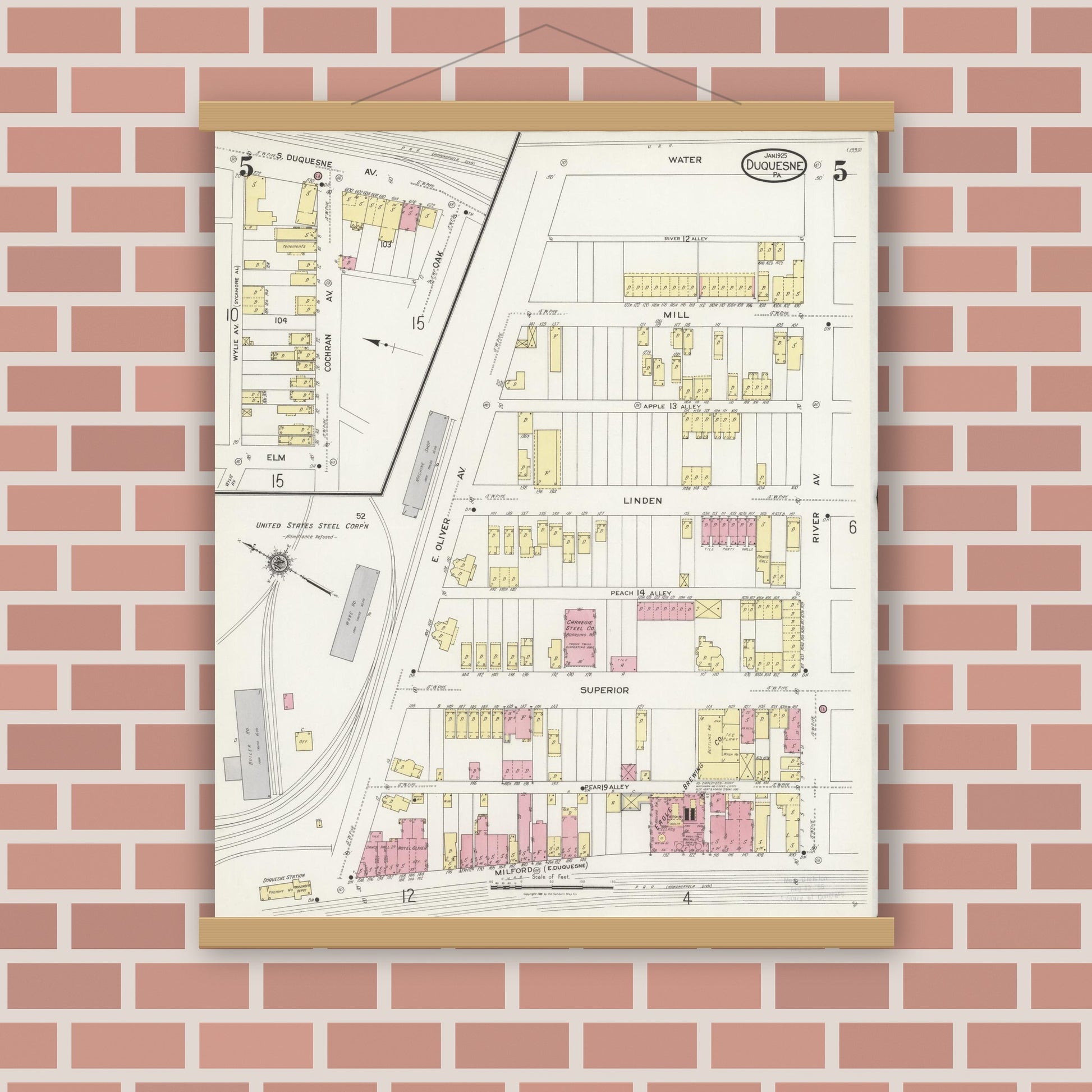 Old map wall art mockup — magnetic wood frame on brick wall — Sanborn Fire Insurance Map from Duquesne, Allegheny County, Pennsylvania (1925), Sheet #0005