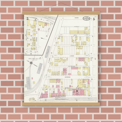 Old map wall art mockup — magnetic wood frame on brick wall — Sanborn Fire Insurance Map from Duquesne, Allegheny County, Pennsylvania (1925), Sheet #0005