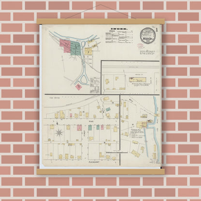 Old map wall art mockup — magnetic wood frame on brick wall — Sanborn Fire Insurance Map from Morrow, Warren County, Ohio (1895), Sheet #0001