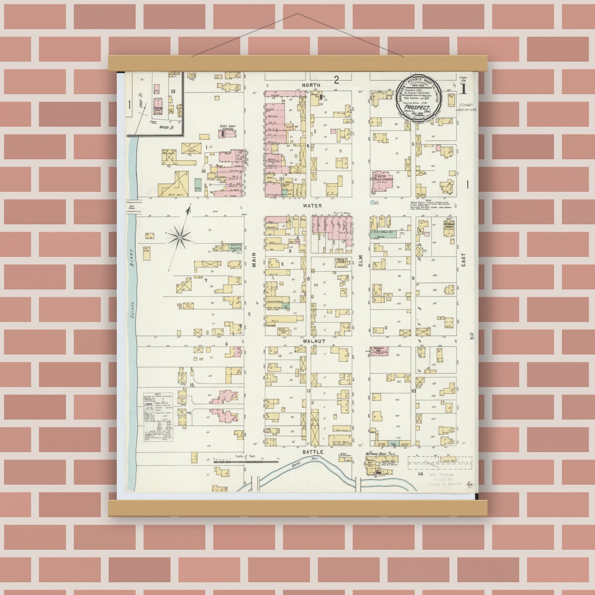 Old map wall art mockup — magnetic wood frame on brick wall — Sanborn Fire Insurance Map from Prospect, Marion County, Ohio (1896), Sheet #0001