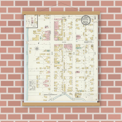 Old map wall art mockup — magnetic wood frame on brick wall — Sanborn Fire Insurance Map from Prospect, Marion County, Ohio (1896), Sheet #0001