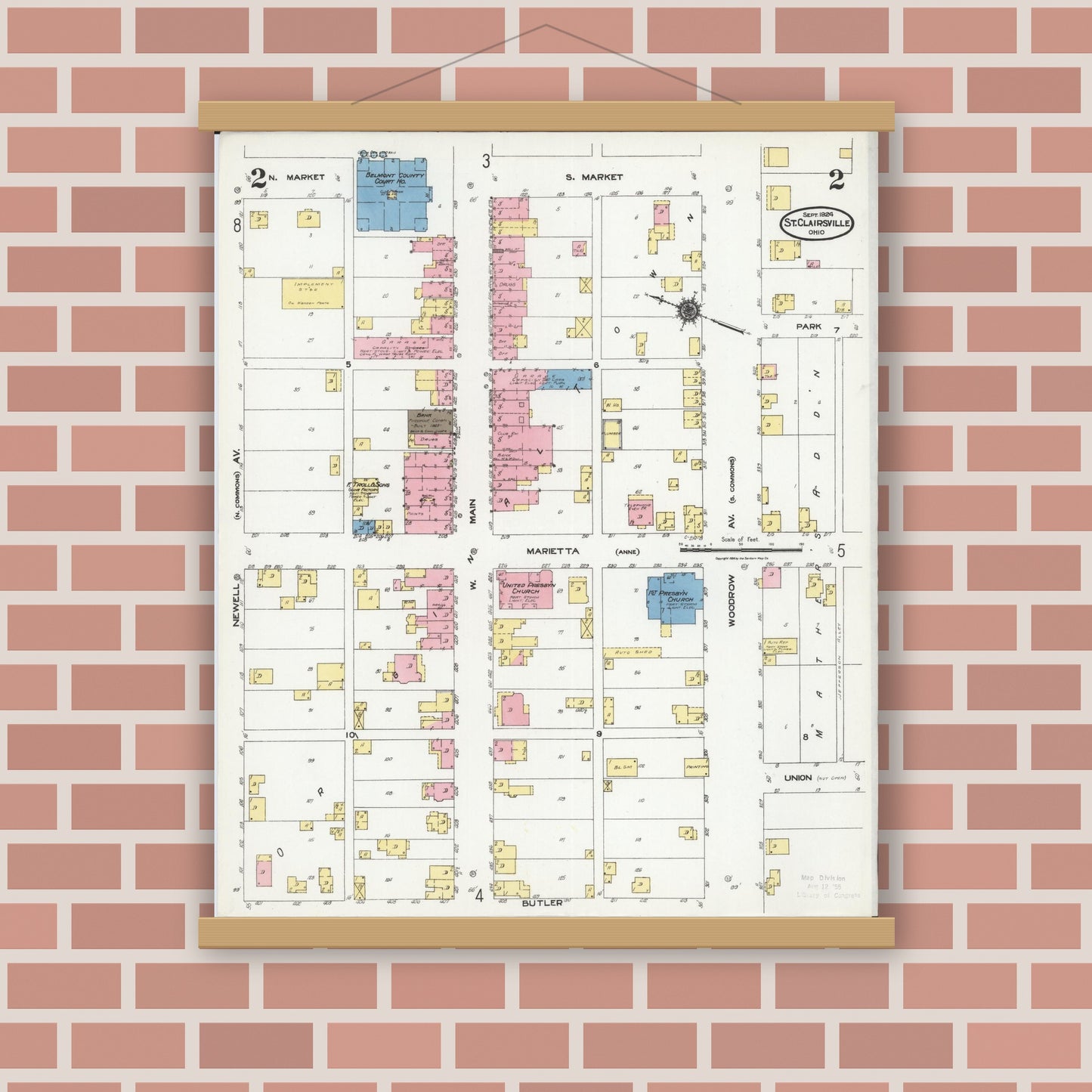 Old map wall art mockup — magnetic wood frame on brick wall — Sanborn Fire Insurance Map from Saint Clairsville, Belmont County, Ohio (1924), Sheet #0002