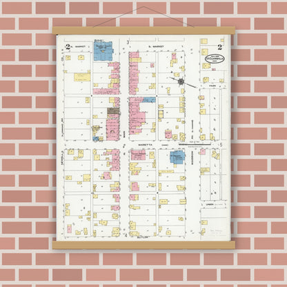 Old map wall art mockup — magnetic wood frame on brick wall — Sanborn Fire Insurance Map from Saint Clairsville, Belmont County, Ohio (1924), Sheet #0002